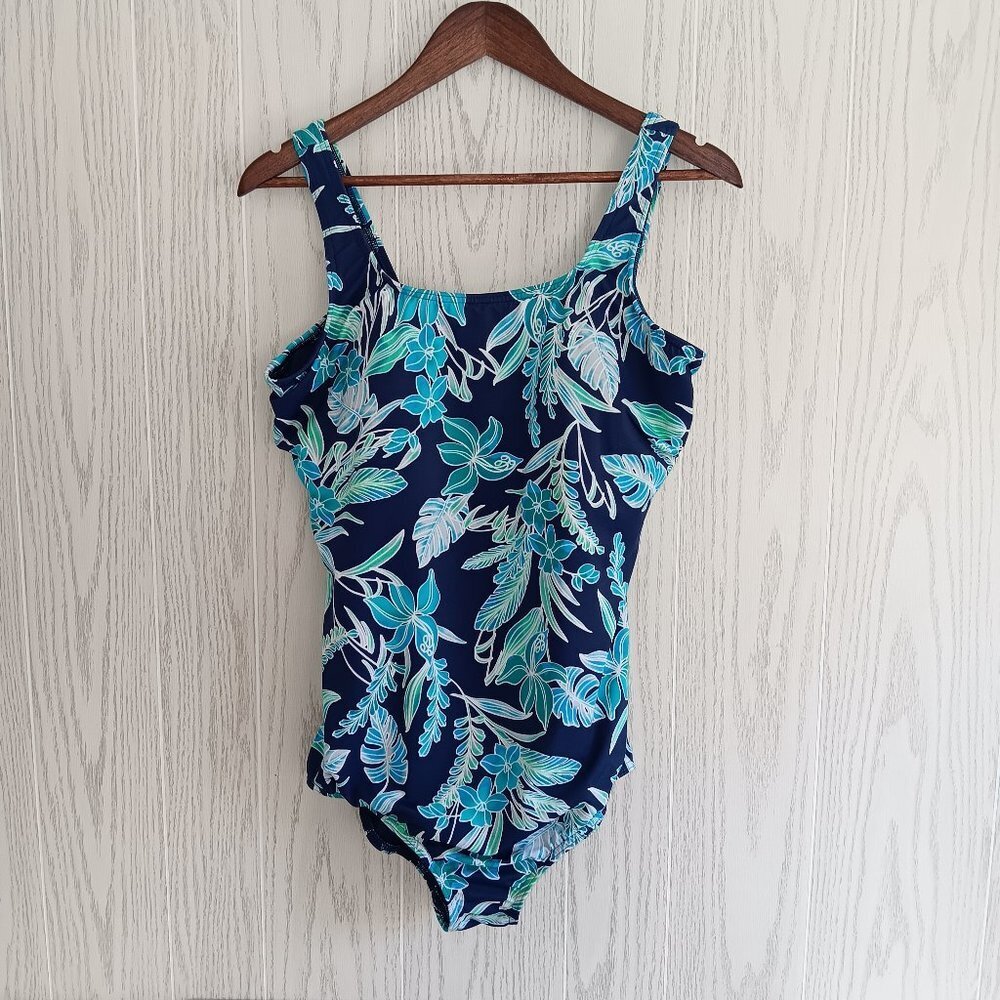 Lands End Swimsuit One Piece Floral Navy Teal Womens Size 16 DDD